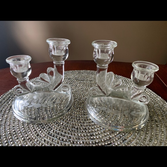 Vintage pair glass double candlesticks. Etched leaf design. Excellent condition
